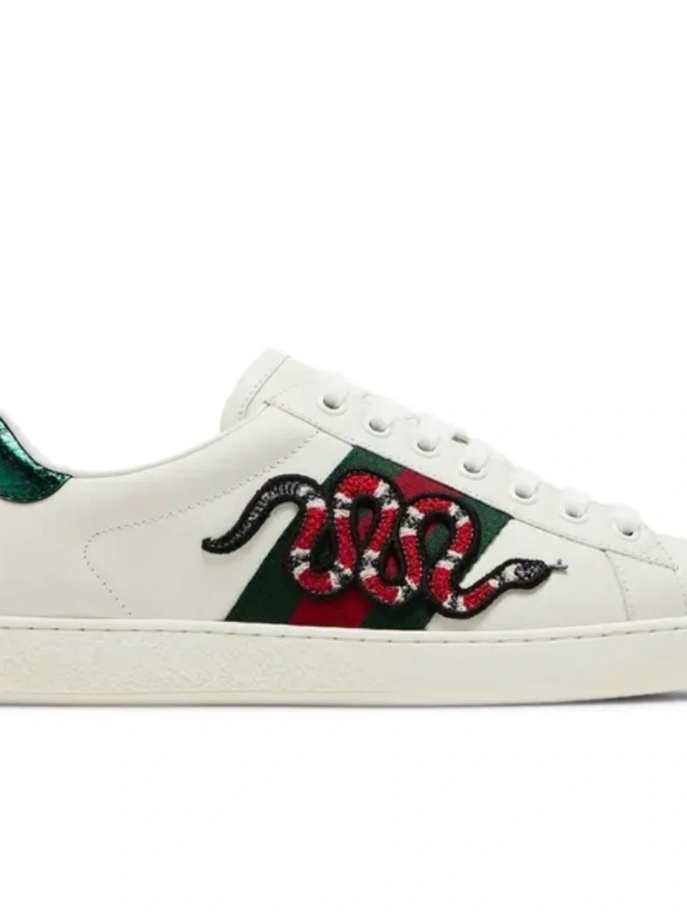 Gucci White Leather Sneakers with Green & Red Stripe and Embroidered Snake